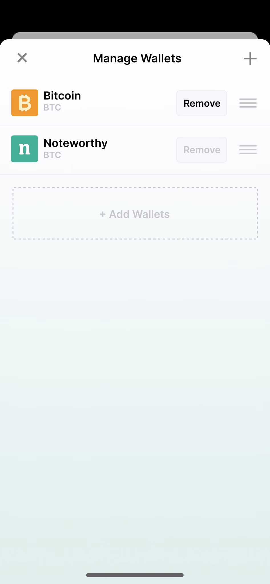 Noteworthy app — manage wallets screen.