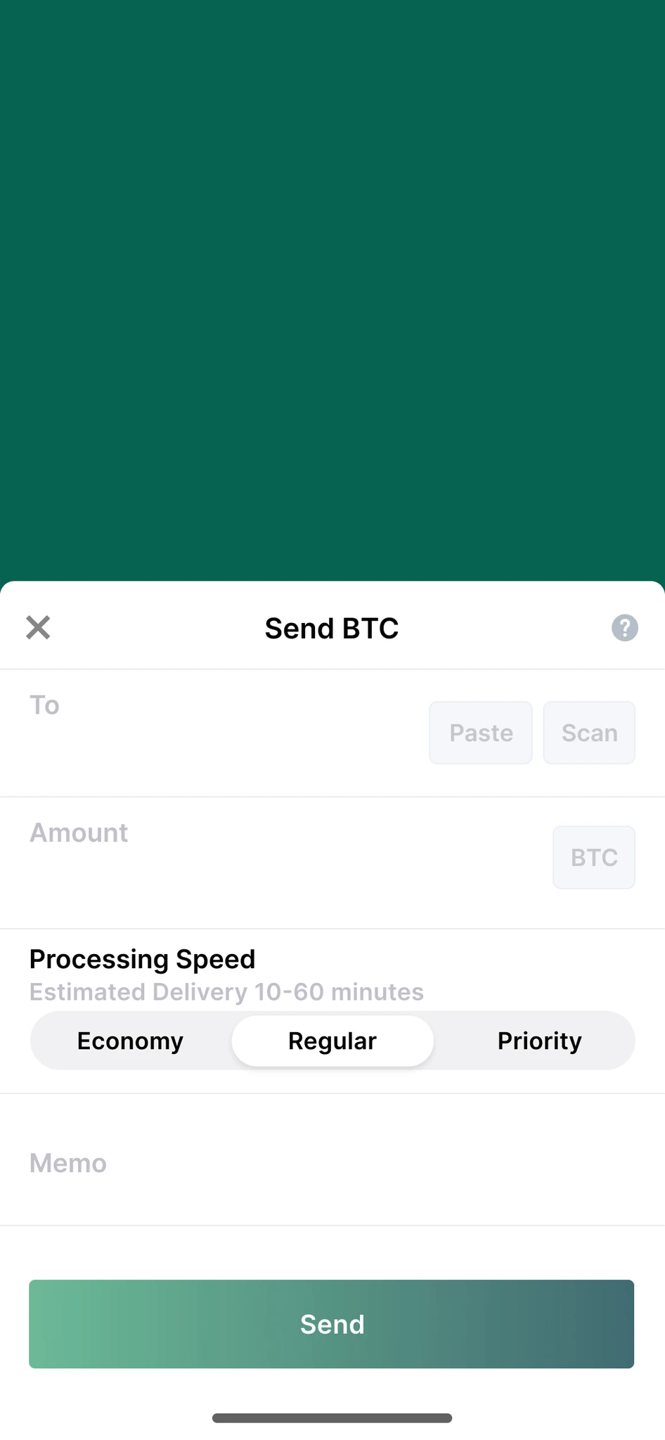 Noteworthy app — send Bitcoin screen.