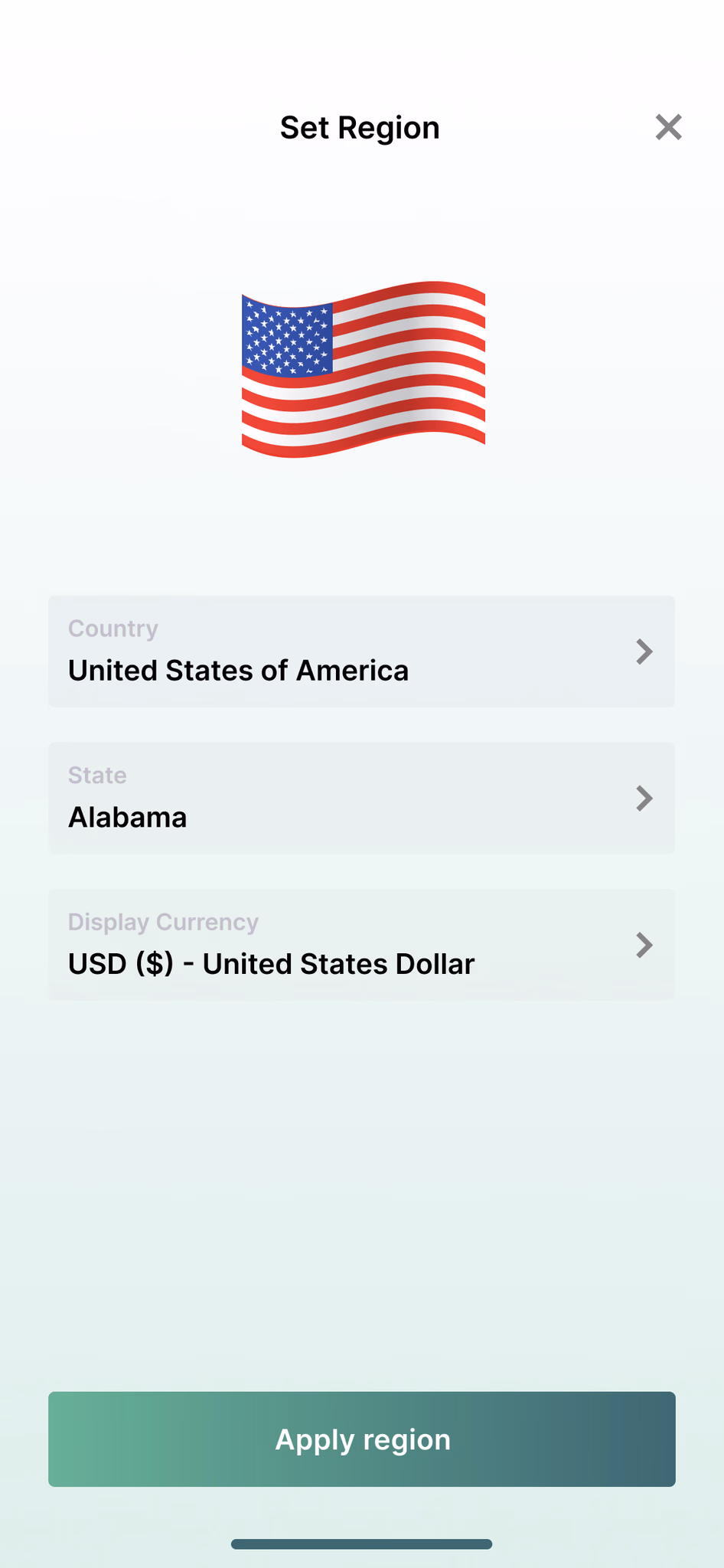 Noteworthy app — set region screen.