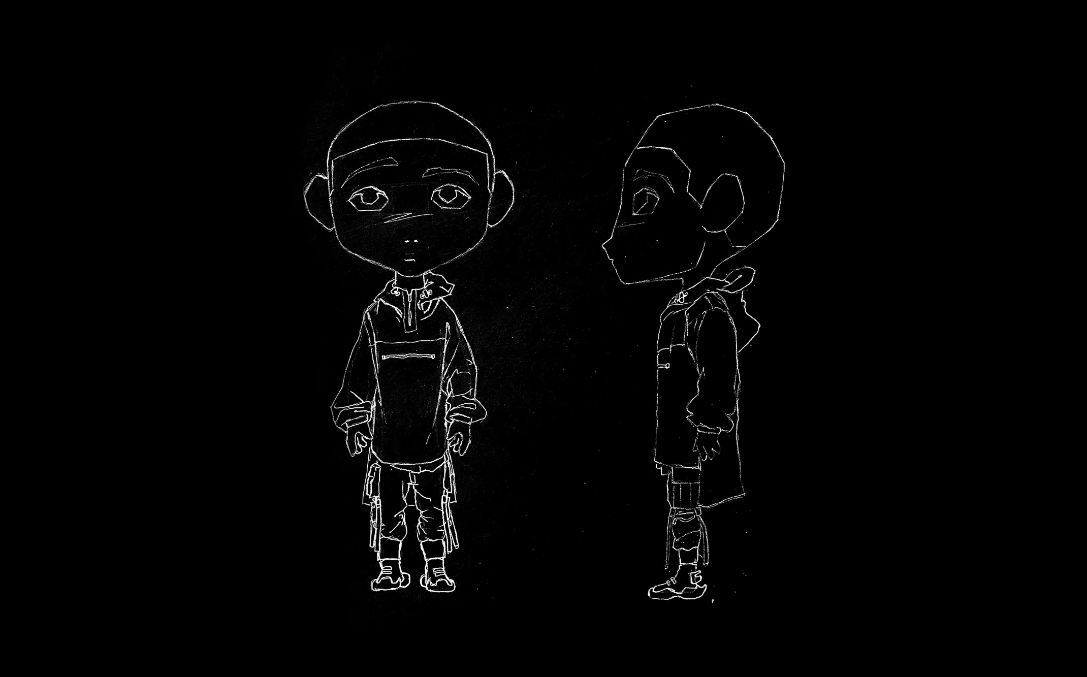 Initial full-body and profile sketches of the Satta character.