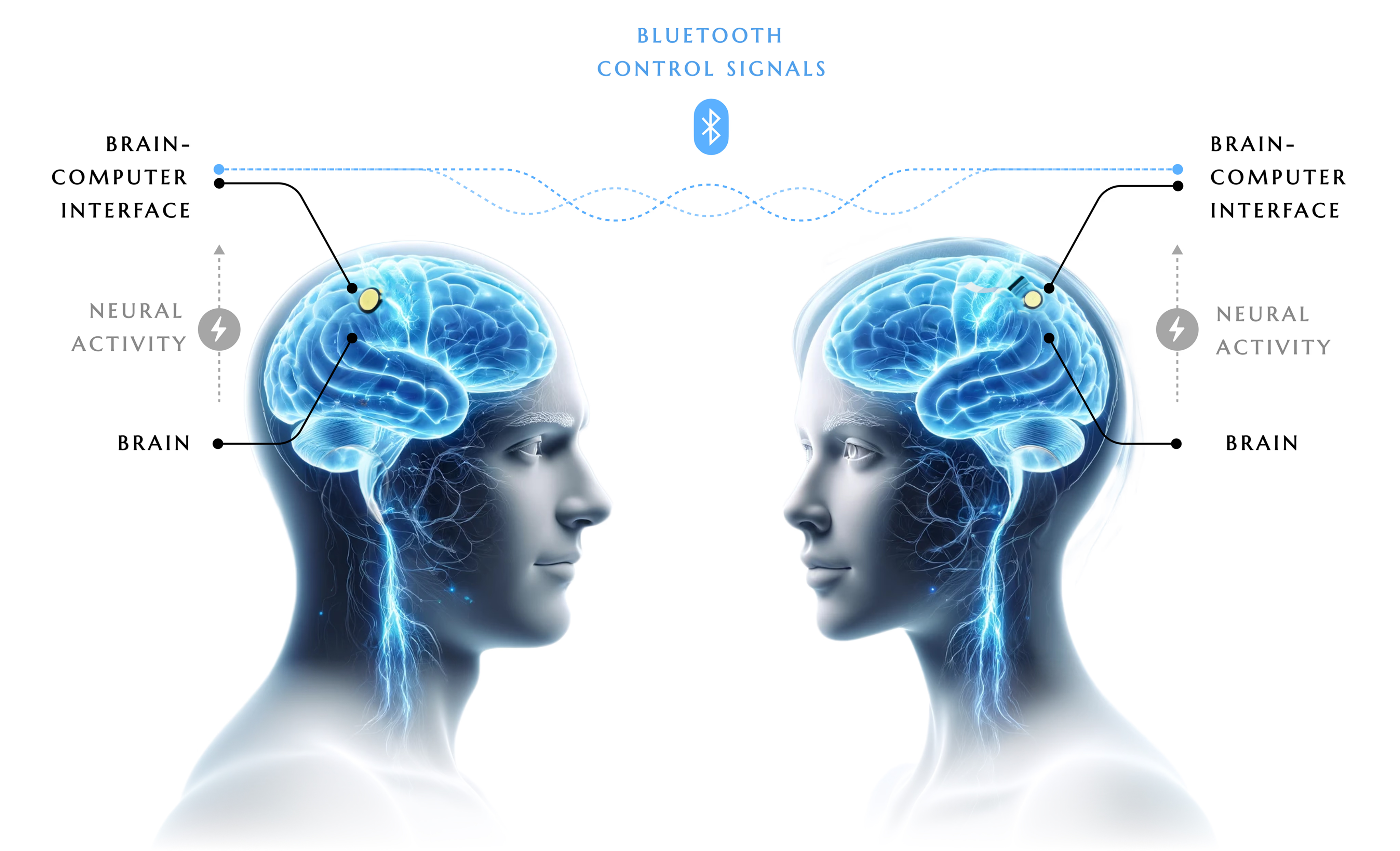 Diagrammatic illustration: two human silhouettes facing each other with brain detail.