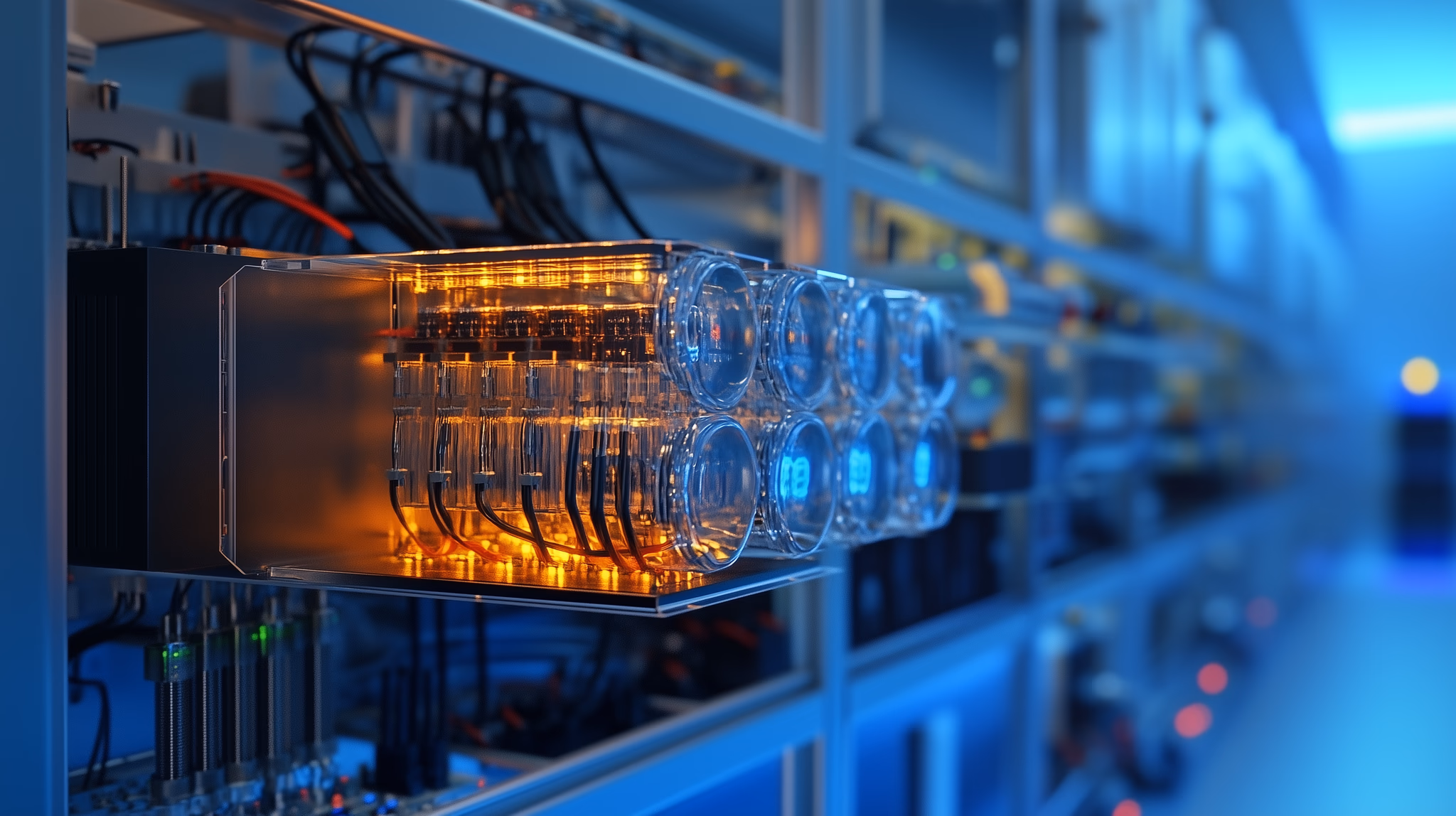 Organoid brain center: server visualization with bioluminescent vials in the foreground.