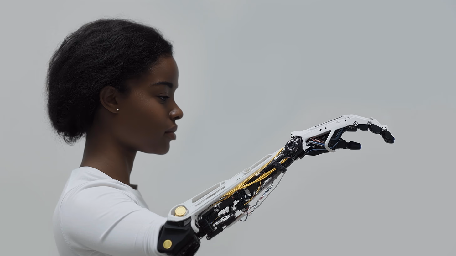 A robotic prosthetic hand interacting with a glowing data motif.